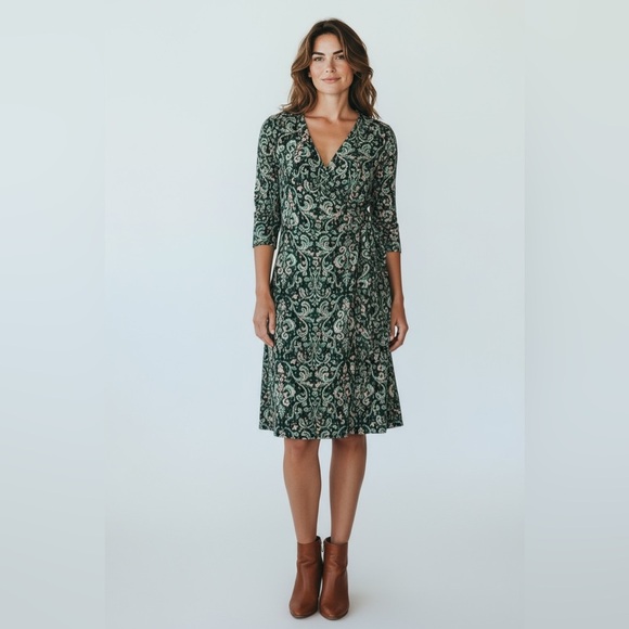 NEW, Anne Klein, Patterned Wrap Dress, Size 14, Green, Black, Pink - Picture 1 of 12